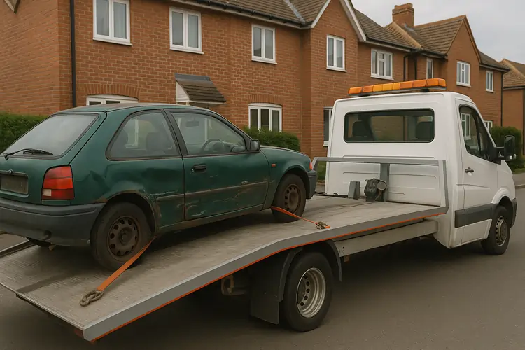Scrap car being loaded onto recovery truck in British residential street