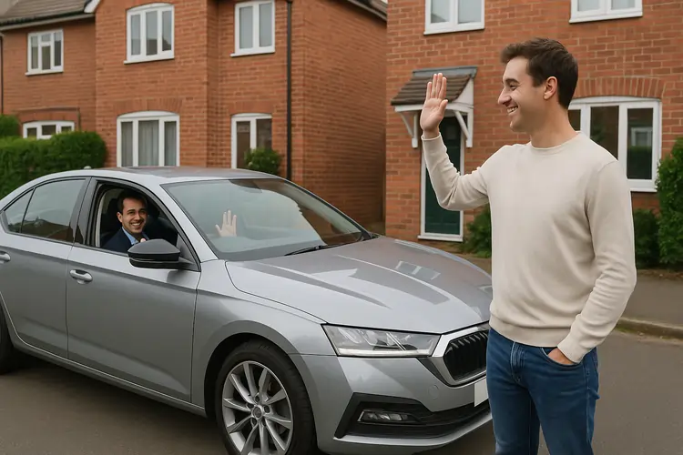 Modern car being collected by dealer on UK residential street, happy seller waving goodbye