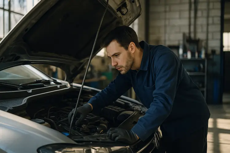 Mechanic inspecting engine of non-starting car, garage setting, daylight