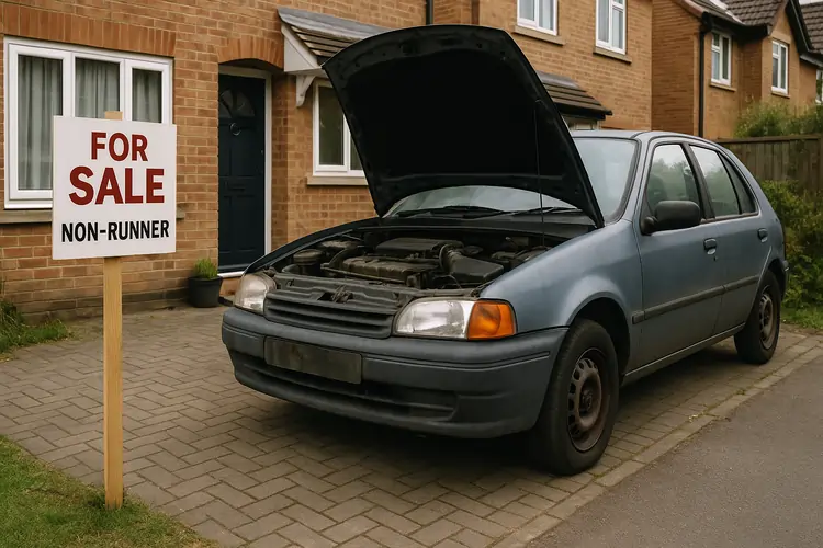 UK driveway with a broken car and For Sale sign, non-runner vehicle exterior