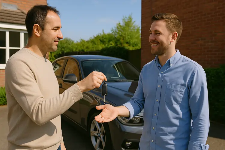 UK private car sale, seller handing car keys to a smiling buyer on driveway, sunny day