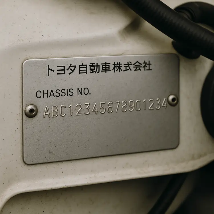 Close-up of a Japanese vehicle chassis plate showing a VIN stamped