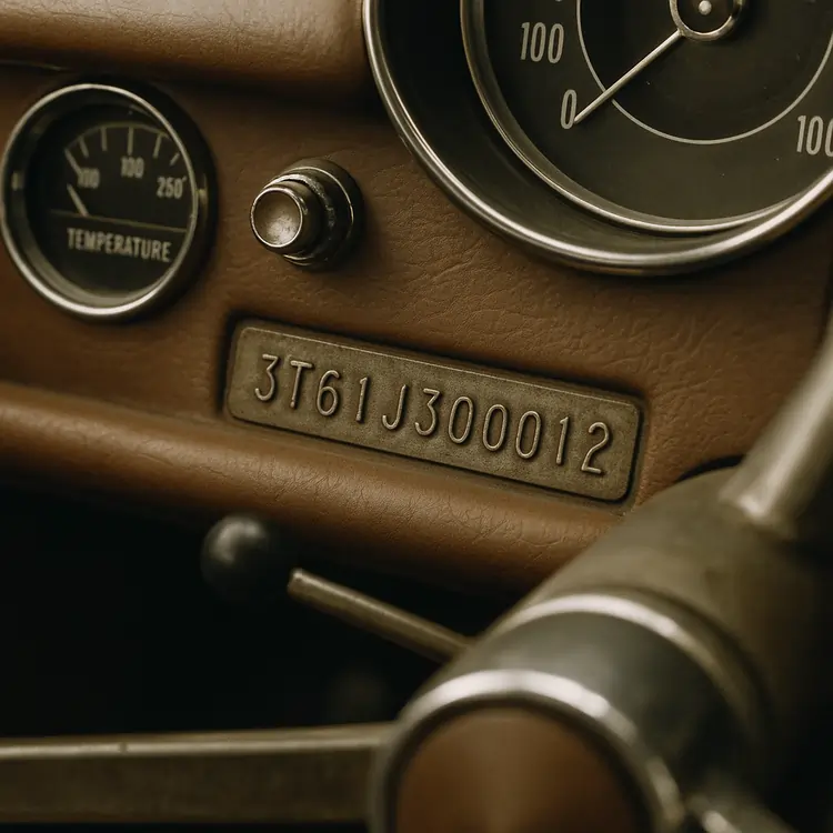 Vintage car dashboard displaying an old-style VIN stamp