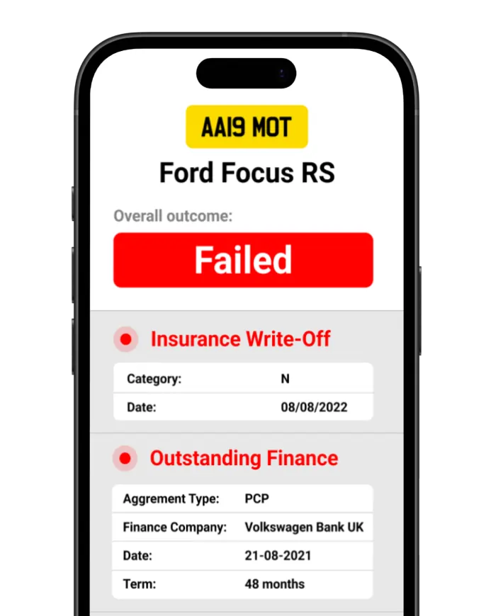 A smartphone screen displaying a vehicle history check for a Ford Focus RS with the registration 'AA19 MOT.' The overall outcome is marked as 'Failed' in red. Details include an 'Insurance Write-Off' listed as Category N with a date of 08/08/2022, and an 'Outstanding Finance' section showing a PCP agreement with Volkswagen Bank UK, starting on 21-08-2021 with a 48-month term.