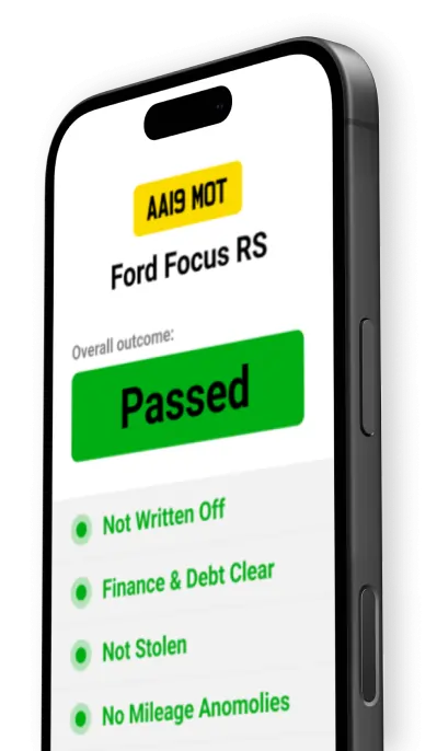 A smartphone screen showing a vehicle history check for a Ford Focus RS with the registration 'AA19 MOT.' The overall outcome is marked as 'Passed' in green, with additional checks listed below, including 'Not Written Off,' 'Finance & Debt Clear,' 'Not Stolen,' and 'No Mileage Anomalies,' all shown with green indicators.