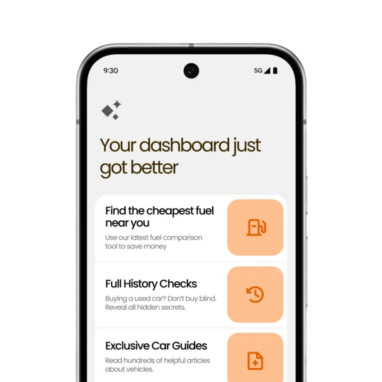 Smartphone screen displaying a car dashboard app with options for finding cheap fuel, performing full history checks, and accessing exclusive car guides.