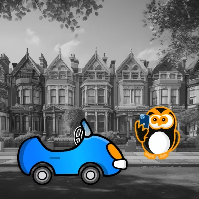 Cartoon owl taking a photo of a blue car ub front of a row of Victorian-style houses