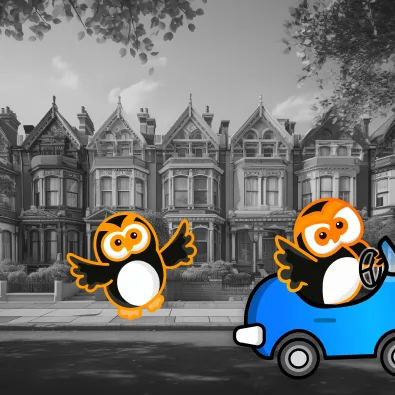 Cartoon owl driving a blue car with another owl waving in front of a row of Victorian-style houses in a black-and-white background