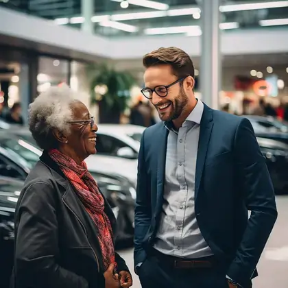 Elderly woman and young man sharing a cheerful moment in a car dealership, highlighting a positive customer service experience.