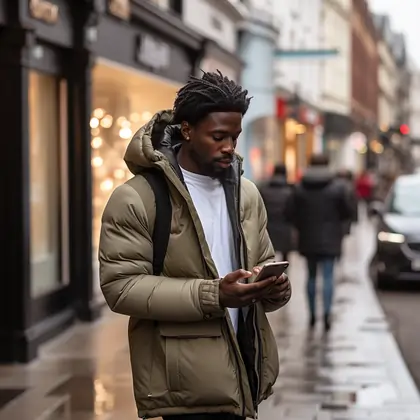 Man in a winter coat using smartphone while walking on a city street, with shops and pedestrians in the background, conveying urban life and connectivity on the go.