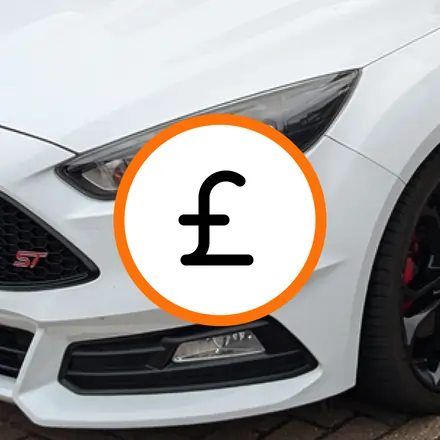 Front view of a white Ford ST car with a prominent pound currency symbol overlay, suggesting cost or pricing saving when buying fuel.