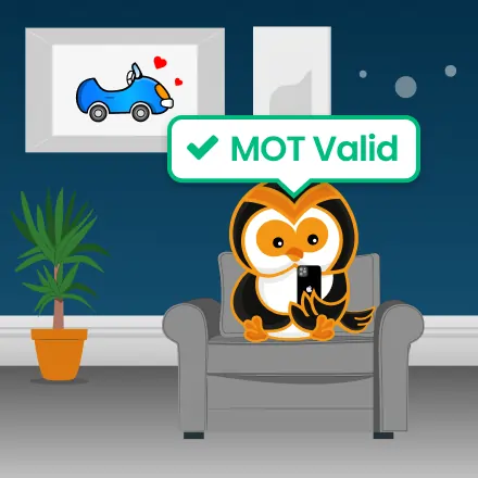 Cartoon owl sitting in a chair checking MOT status on a phone with 'MOT Valid' displayed