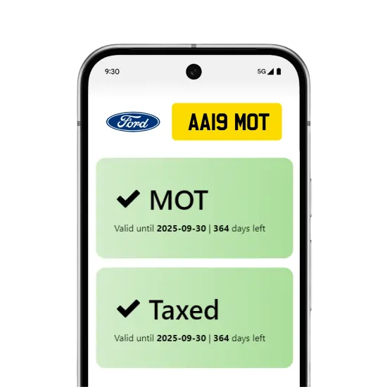 Smartphone displaying MOT and tax status with a valid check mark and expiry date