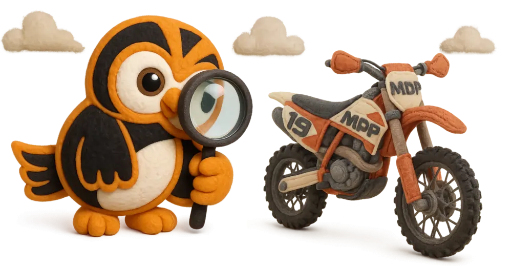 Cartoon owl holding a magnifying glass inspecting an orange and white dirt bike, representing a Dirt Bike VIN Check, with fluffy clouds in the background.