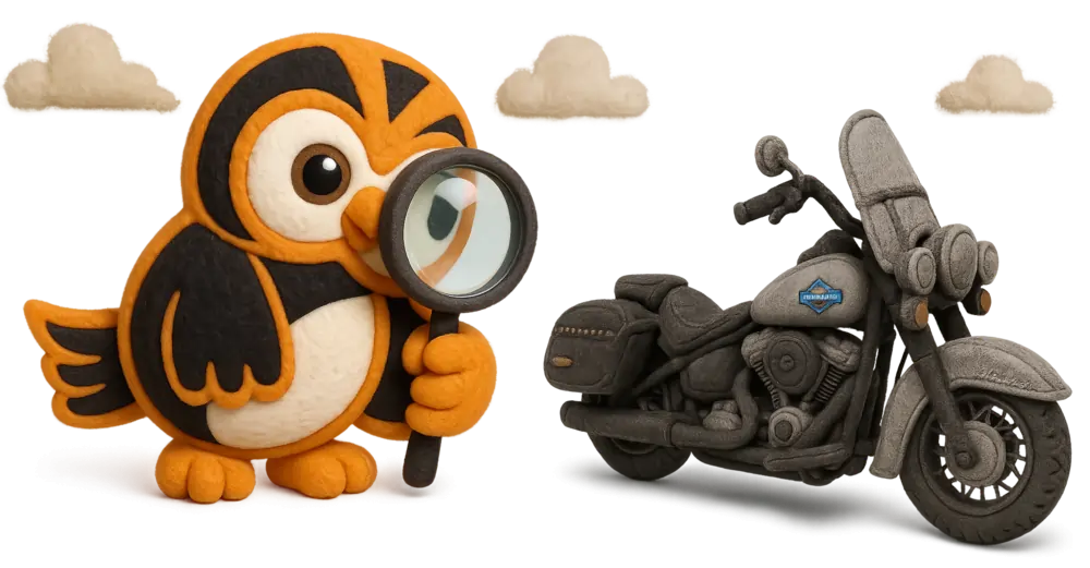 Cartoon owl holding a magnifying glass inspecting a grey Harley Davidson motorcycle, representing a Harley Davidson VIN Check, with fluffy clouds in the background.