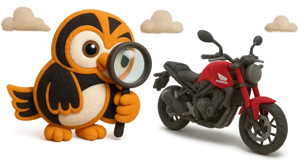 Cartoon owl holding a magnifying glass inspecting a red Honda motorbike, representing a Honda Motorcycle VIN Check, with fluffy clouds in the background.