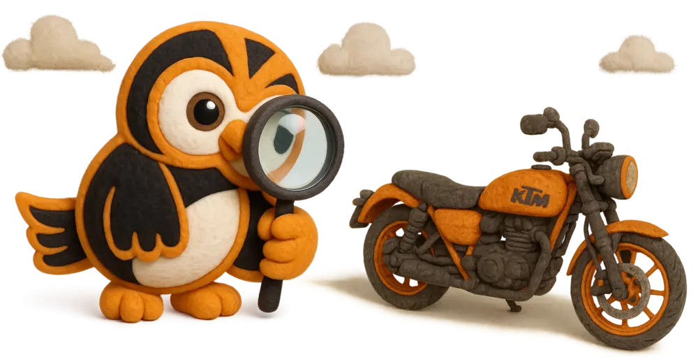 Cartoon owl holding a magnifying glass inspecting an orange KTM motorcycle, representing a KTM VIN check, with fluffy clouds in the background.