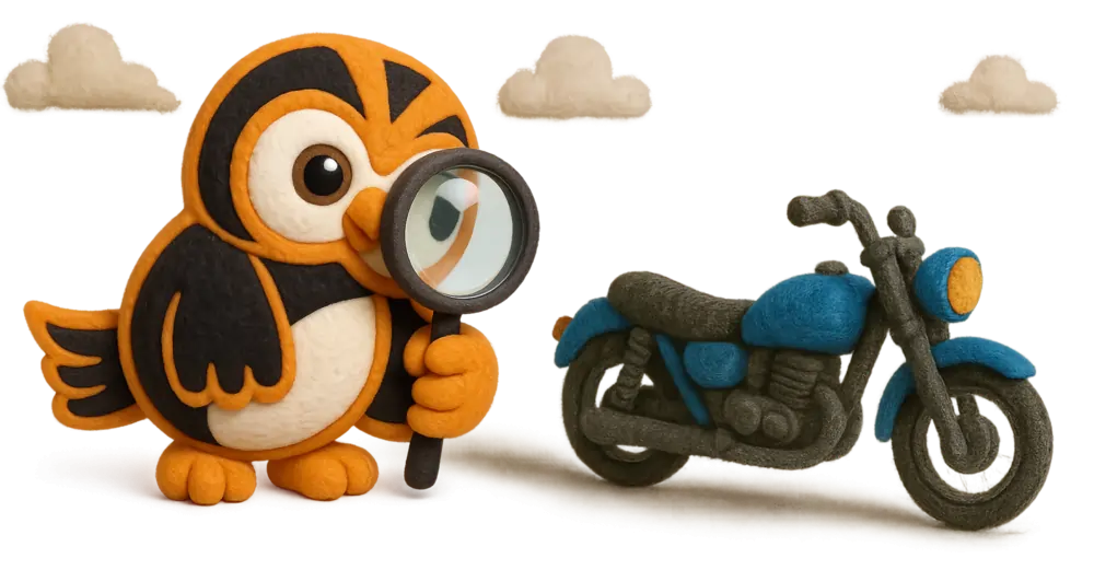 Cartoon owl holding a magnifying glass inspecting a blue and grey motorcycle, symbolising a motorcycle VIN check, with fluffy clouds in the background.