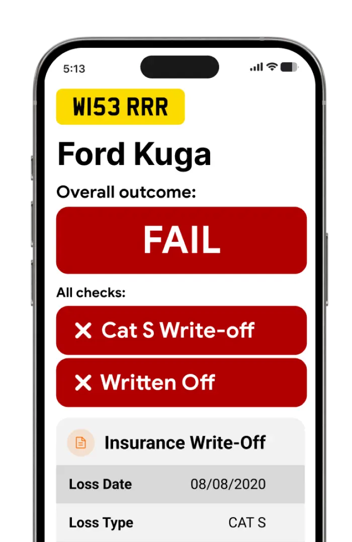 Mobile screen showing a Category S write-off report with structural damage indicators.