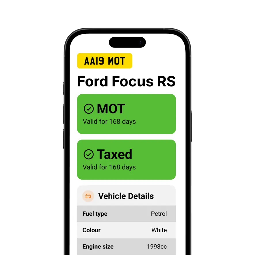 Smartphone displaying MOT and tax status with a valid check mark and expiry date