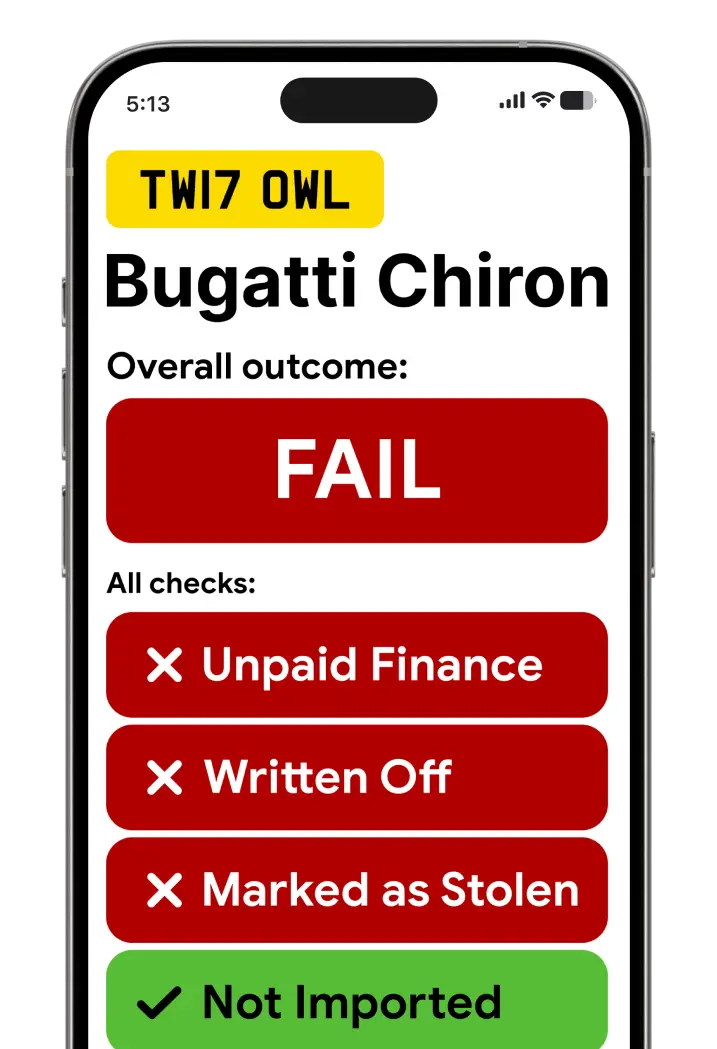 Smartphone screen showing a stolen vehicle check result with a red warning for a stolen status.
