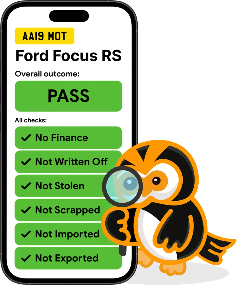 Vehicle check report on a phone for Ford Focus RS showing 'PASS' and no issues like finance, theft, or imports, with green ticks.