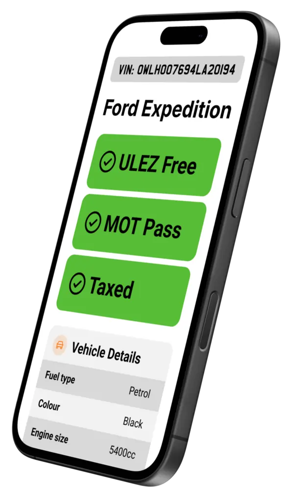 Smartphone screen displaying vehicle VIN check information for a Ford Expedition, including VIN OWLH007694LA20194, ULEZ Free, MOT Pass, Taxed status, and details such as fuel type petrol, black colour, and 5400cc engine size.