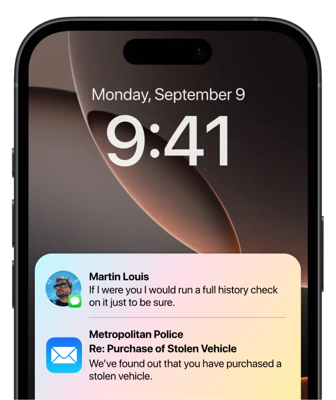 A smartphone lock screen displaying a time of 9:41 on Monday, September 9, with two notifications: one from Martin Louis suggesting to run a full history check for peace of mind, and another from 'Metropolitan Police' stating that a recently purchased vehicle was reported stolen.