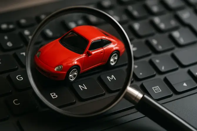 A red toy car on a keyboard with a magnifying glass.