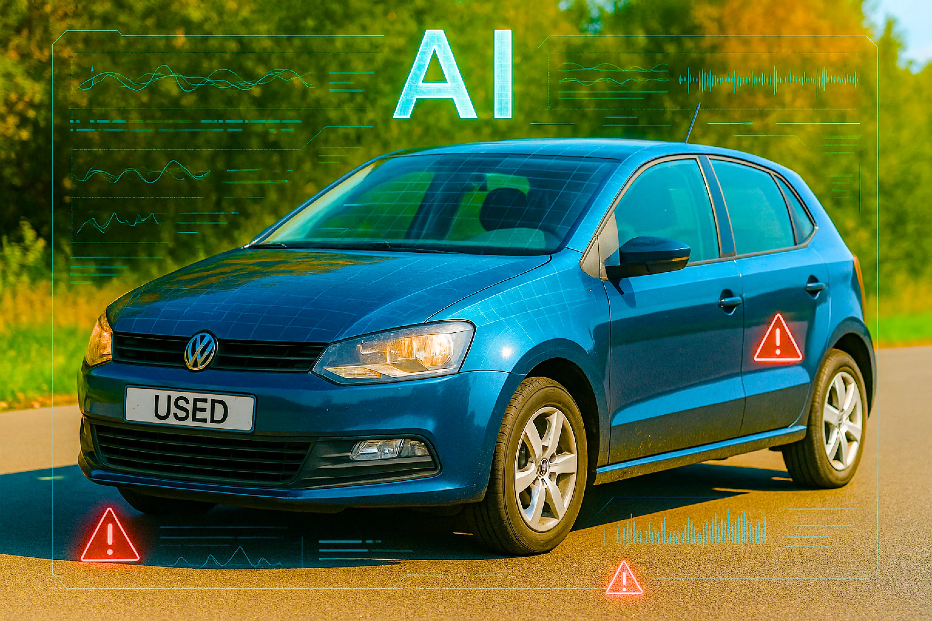 A used blue Volkswagen Polo hatchback parked on a sunny road, overlaid with digital AI analysis graphics, warning icons, and data visualisations, suggesting the car is being scanned for issues. Green foliage and bright natural colours form the background.